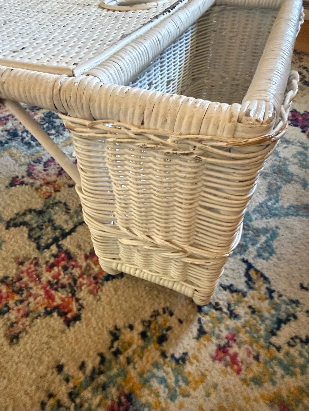 Vintage White Wicker Tray Table with Side Storage.